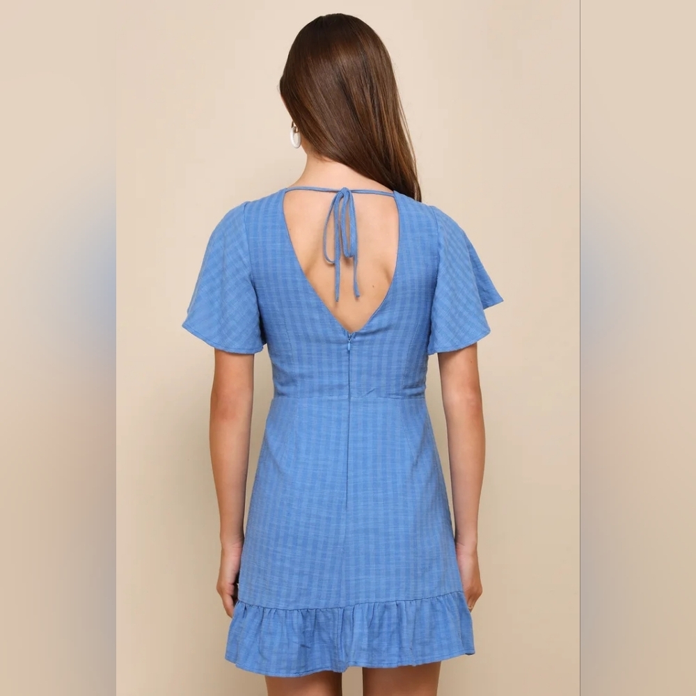NWT Lulus Blue Bow Front Mini Dress Women's Large Flutter Sleeve Ruffle Hem - Picture 3 of 5
